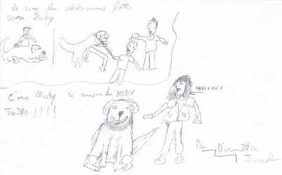 Foto di un disegno fatto da un bambino che ha partecipato al corso. Il disegno rappresenta alcune attivit svolte e contiene alcuni messaggi dedicati al cane.